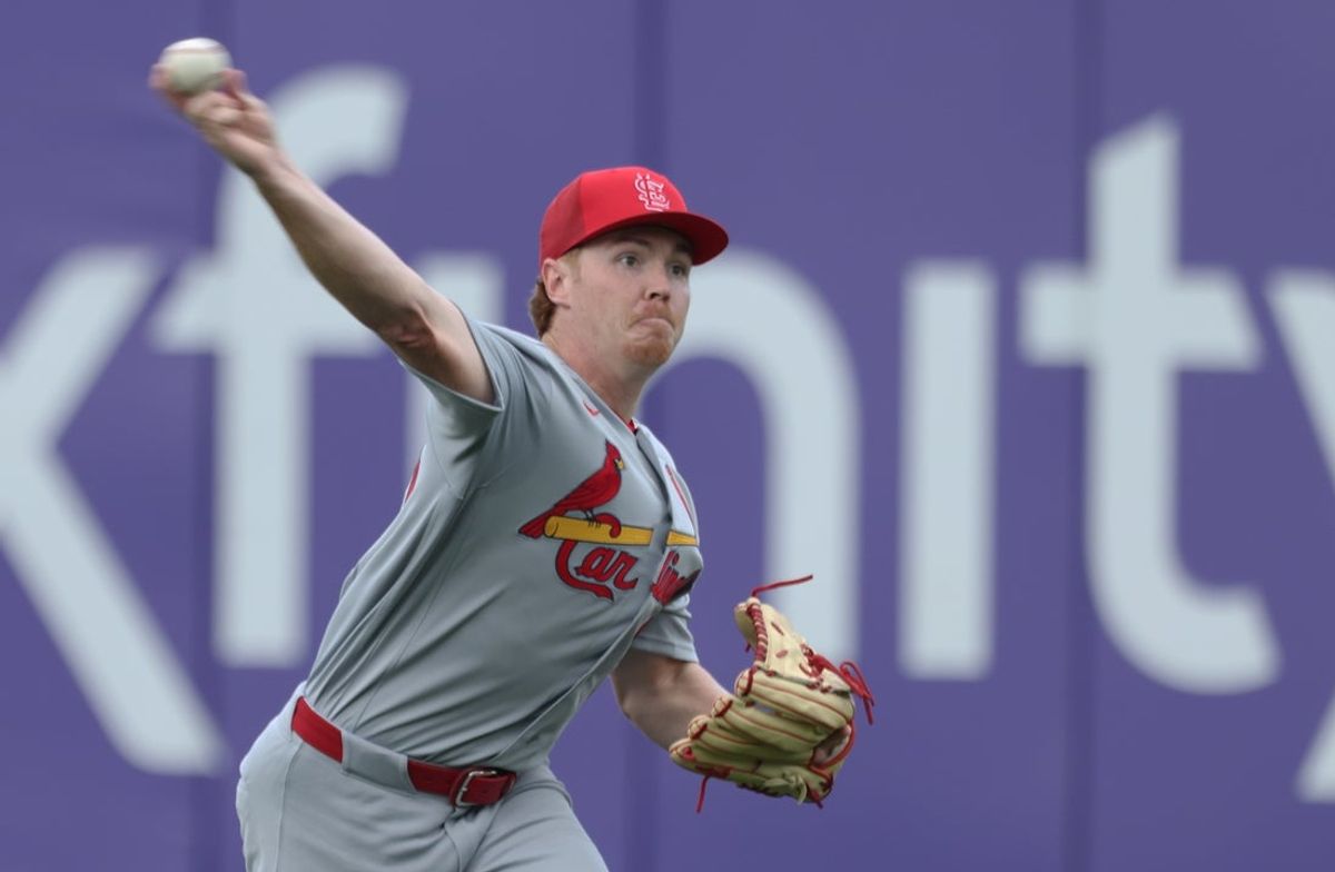 Apr 28, 2026; Pittsburgh, Pennsylvania, USA;  St. Louis Cardinals pitcher Hunter Dobbins (40) throws in the outfield before the game against the Pittsburgh Pirates at PNC Park. Mandatory Credit: Charles LeClaire-Imagn Images