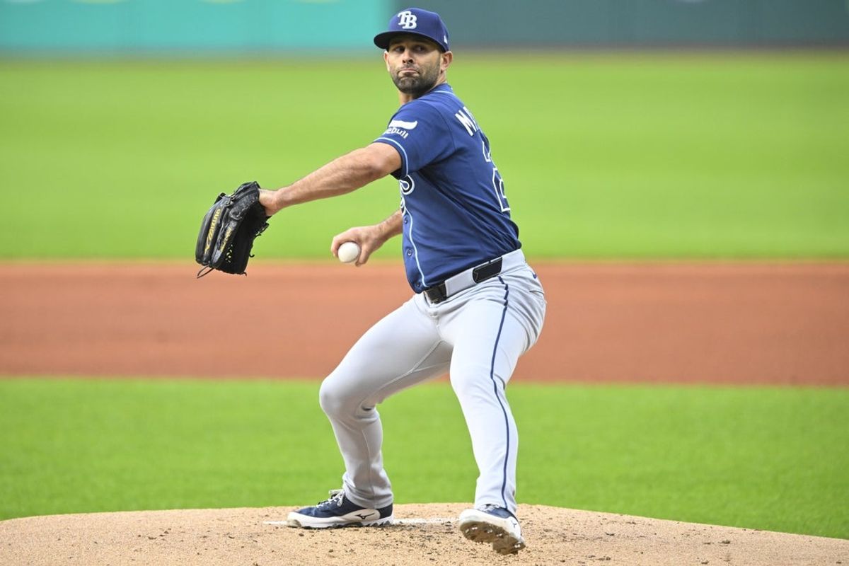 Apr 28, 2026; Cleveland, Ohio, USA; Tampa Bay Rays starting pitcher Nick Martinez (28) delivers a pitch in the first inning against the Cleveland Guardians at Progressive Field. Mandatory Credit: David Richard-Imagn Images