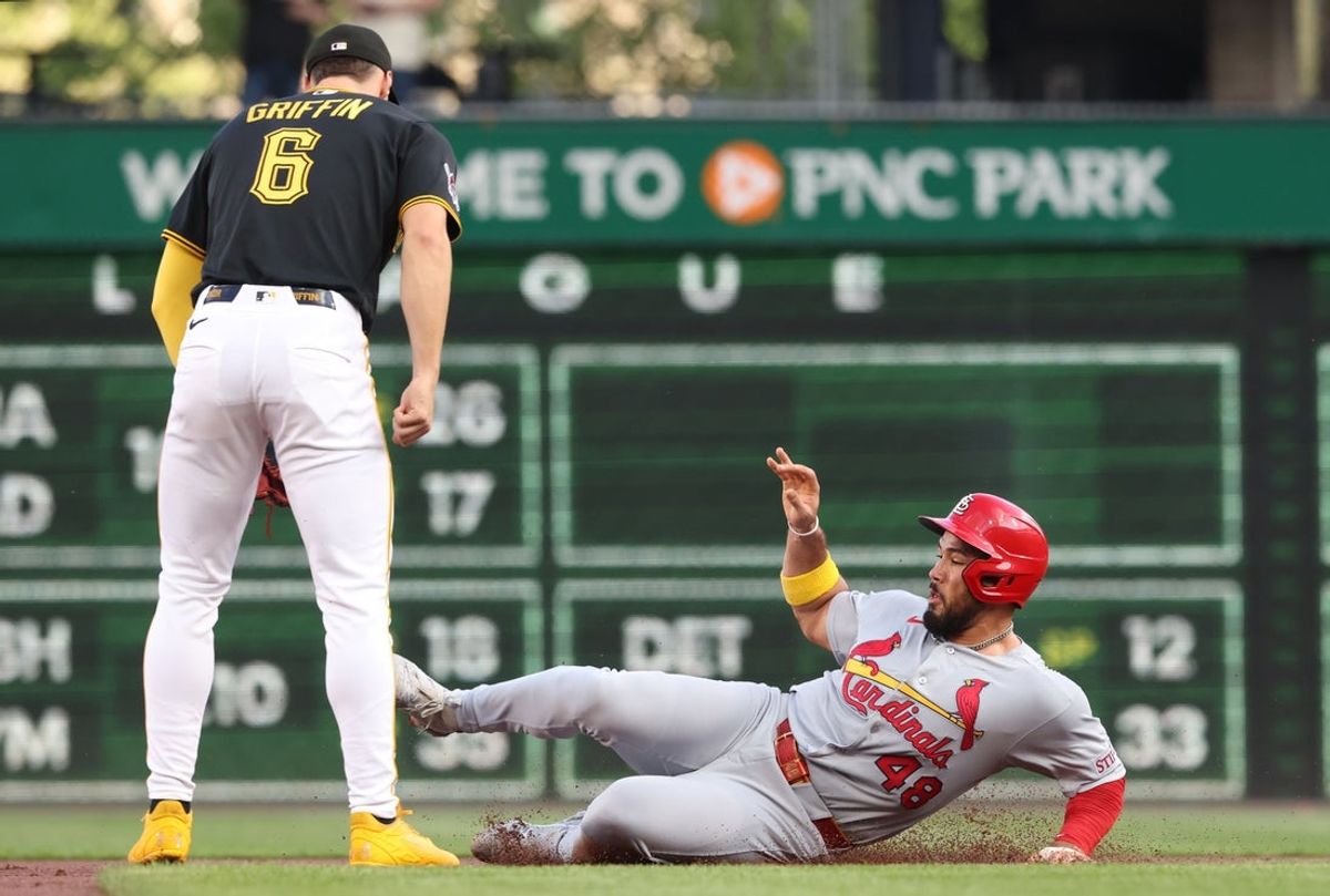 Apr 28, 2026; Pittsburgh, Pennsylvania, USA; St. Louis Cardinals designated hitter Ivan Herrera (48) steals second base as Pittsburgh Pirates shortstop Konnor Griffin (6) looks on during the first inning at PNC Park. Mandatory Credit: Charles LeClaire-Imagn Images
