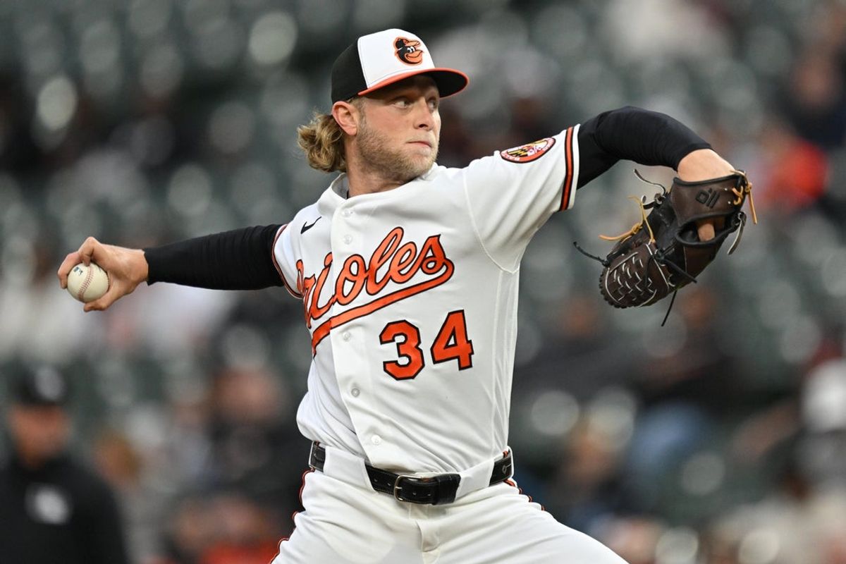 Apr 28, 2026; Baltimore, Maryland, USA;  Baltimore Orioles pitcher Shane Baz (34) pitches in the second inning against the Houston Astros at Oriole Park at Camden Yards. Mandatory Credit: Jamie Sabau-Imagn Images