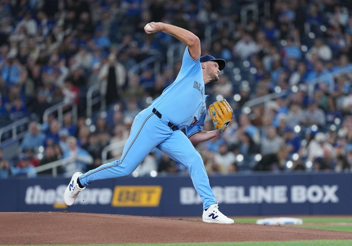 Apr 28, 2026; Toronto, Ontario, CAN; Toronto Blue Jays starting pitcher Trey Yesavage (34) throws a pitch against the Boston Red Sox during the first inning at Rogers Centre. Mandatory Credit: Nick Turchiaro-Imagn Images