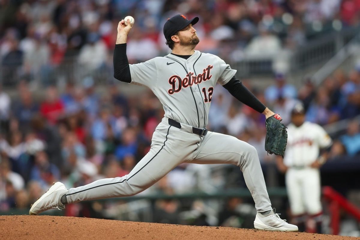 Apr 28, 2026; Atlanta, Georgia, USA; Detroit Tigers starting pitcher Casey Mize (12) throws against the Atlanta Braves in the second inning at Truist Park. Mandatory Credit: Brett Davis-Imagn Images