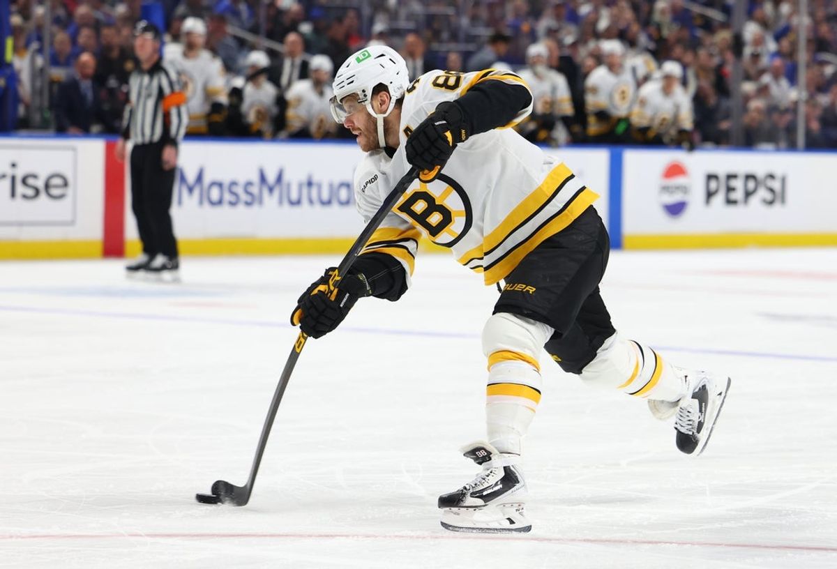 Apr 28, 2026; Buffalo, New York, USA; Boston Bruins right wing David Pastrnak (88) takes a shot on goal during the first period against the Buffalo Sabres in game five of the first round of the 2026 Stanley Cup Playoffs at KeyBank Center. Mandatory Credit: Timothy T. Ludwig-Imagn Images