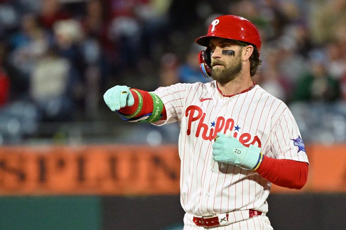 Apr 28, 2026; Philadelphia, Pennsylvania, USA; Philadelphia Phillies first baseman Bryce Harper (3) celebrates his RBI double against the San Francisco Giants during the sixth inning at Citizens Bank Park. Mandatory Credit: Eric Hartline-Imagn Images