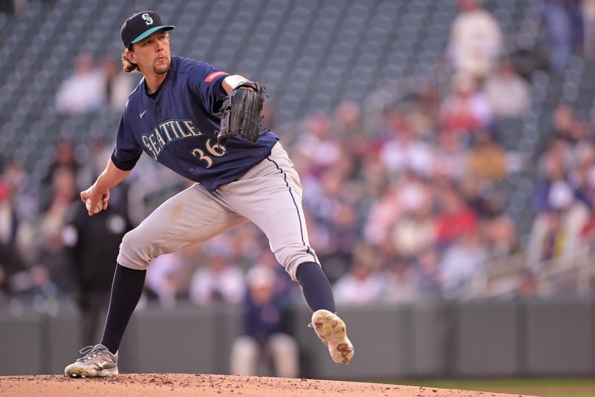 Apr 28, 2026; Minneapolis, Minnesota, USA;  Seattle Mariners starting pitcher Logan Gilbert (36) delivers a pitch against the Minnesota Twins during the first inning at Target Field. Mandatory Credit: Nick Wosika-Imagn Images