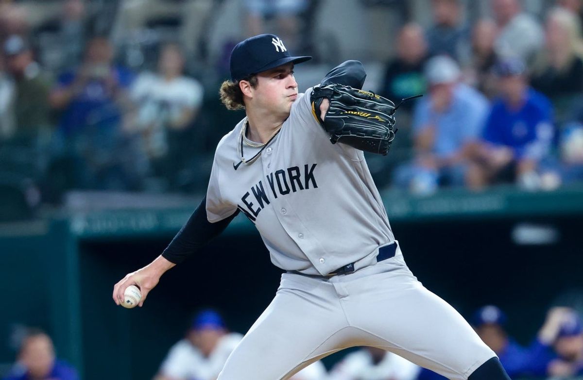 Apr 28, 2026; Arlington, Texas, USA;  New York Yankees starting pitcher Cam Schlittler (31) throws during the first inning against the Texas Rangers at Globe Life Field. Mandatory Credit: Kevin Jairaj-Imagn Images
