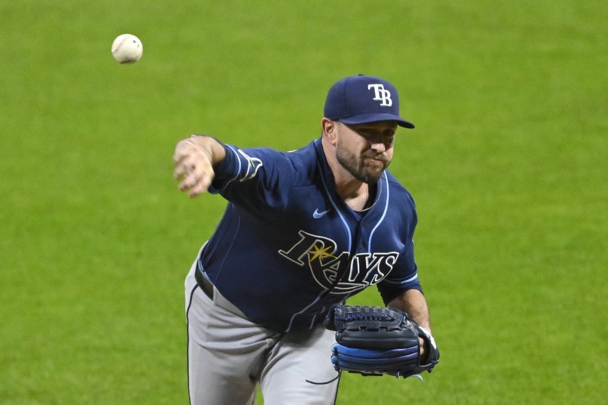 Apr 28, 2026; Cleveland, Ohio, USA; Tampa Bay Rays relief pitcher Cole Sulser (71) delivers a pitch in the ninth inning against the Cleveland Guardians at Progressive Field. Mandatory Credit: David Richard-Imagn Images