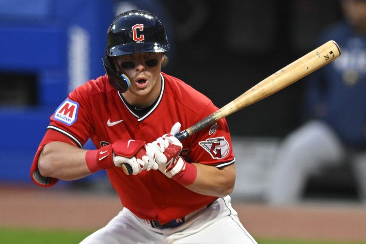 Apr 28, 2026; Cleveland, Ohio, USA; Cleveland Guardians second baseman Travis Bazzana (37) reacts after taking ball four in the eighth inning against the Tampa Bay Rays at Progressive Field. Mandatory Credit: David Richard-Imagn Images