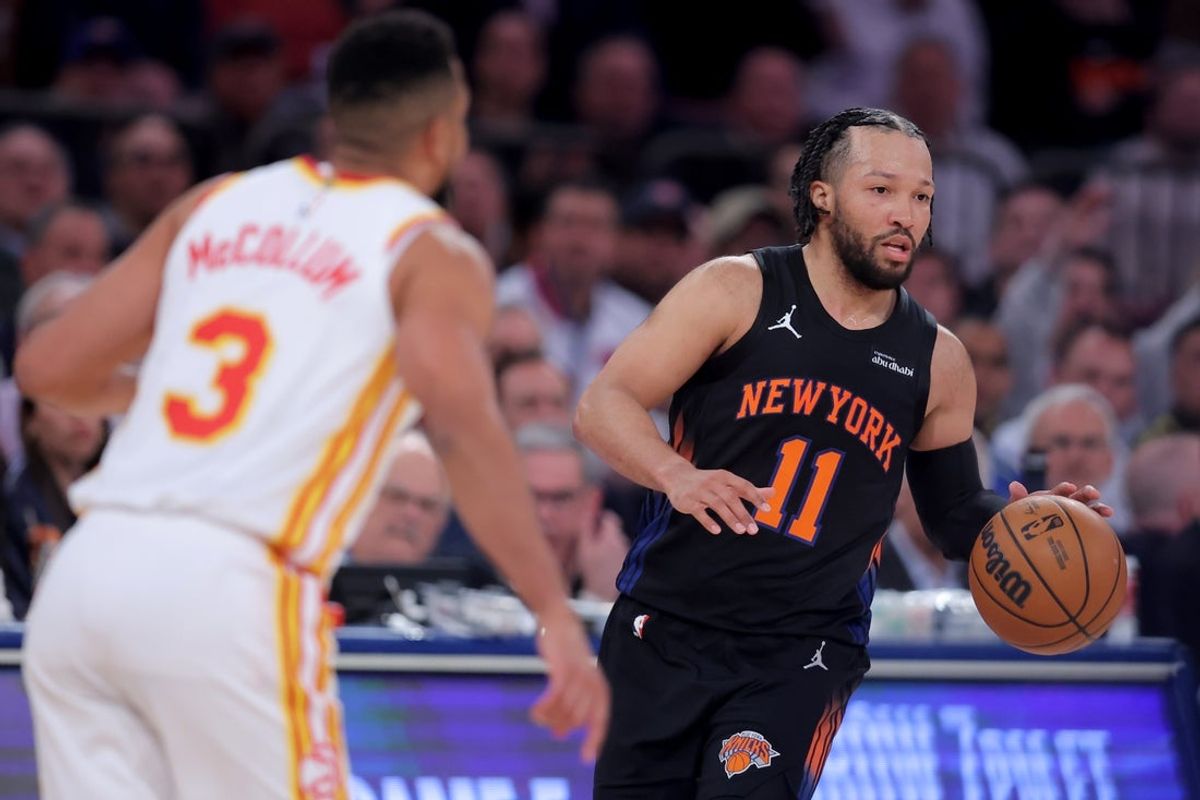 Apr 28, 2026; New York, New York, USA; New York Knicks guard Jalen Brunson (11) controls the ball against Atlanta Hawks guard CJ McCollum (3) during the first quarter of game five of the first round of the 2026 NBA Playoffs at Madison Square Garden. Mandatory Credit: Brad Penner-Imagn Images