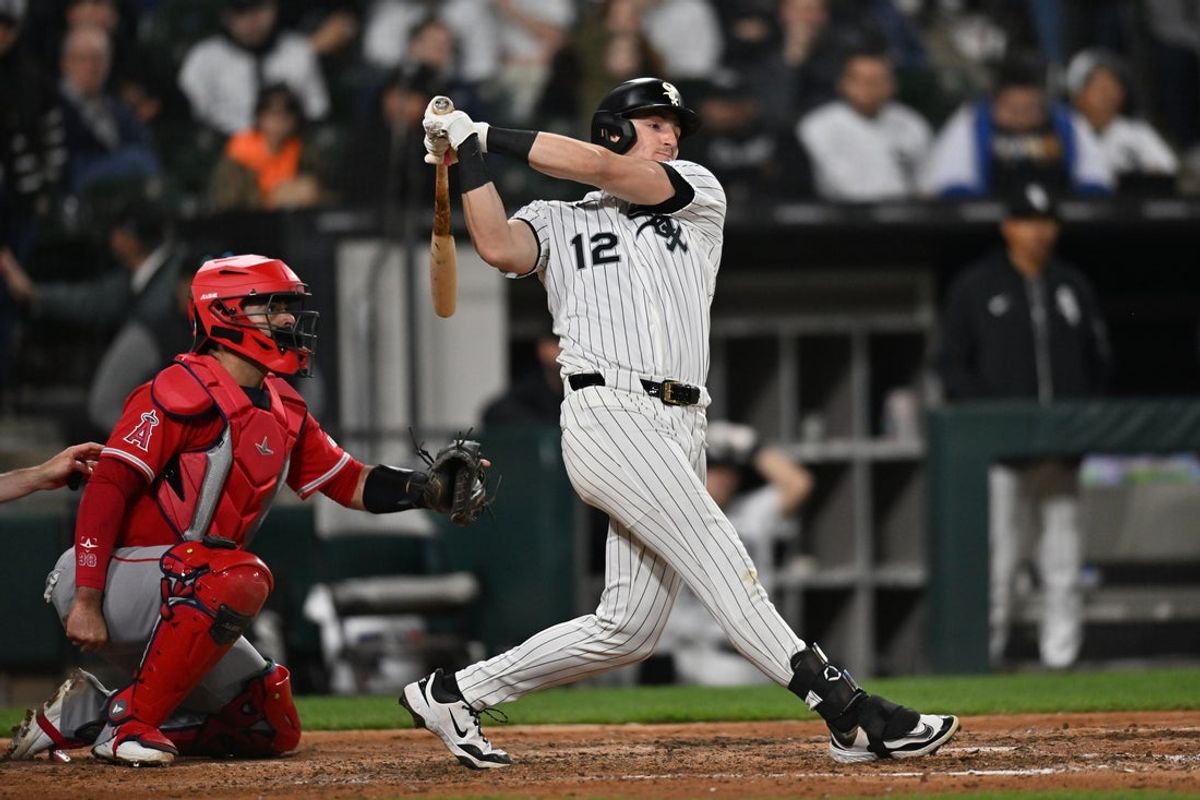Apr 28, 2026; Chicago, Illinois, USA; Chicago White Sox designated hitter Colson Montgomery (12) hits a single against the Los Angeles Angels during the fifth inning at Rate Field. Mandatory Credit: Patrick Gorski-Imagn Images