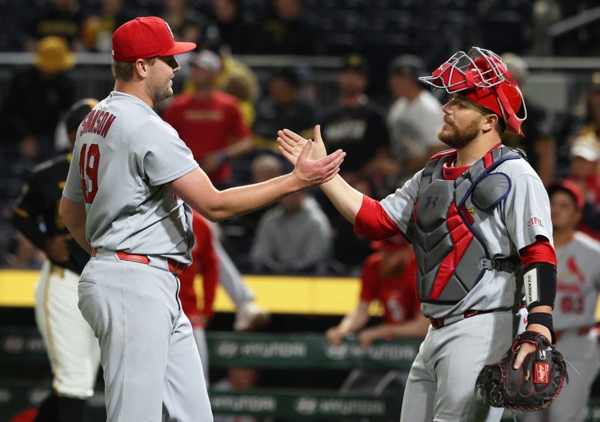 Apr 28, 2026; Pittsburgh, Pennsylvania, USA; St. Louis Cardinals pitcher Matt Svanson (49) and catcher Pedro Pages (43) shake hands after defeating the Pittsburgh Pirates at PNC Park. Mandatory Credit: Charles LeClaire-Imagn Images