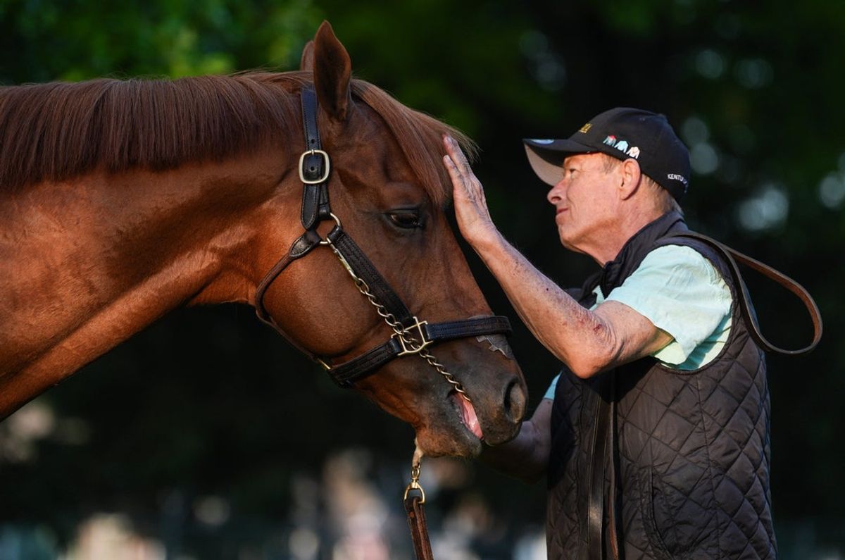 2026 Kentucky Derby horse The Puma stands outside his barn with walker Brian Fitzgerald after morning training at Churchill Downs in Louisville, Kentucky. April 24, 2026