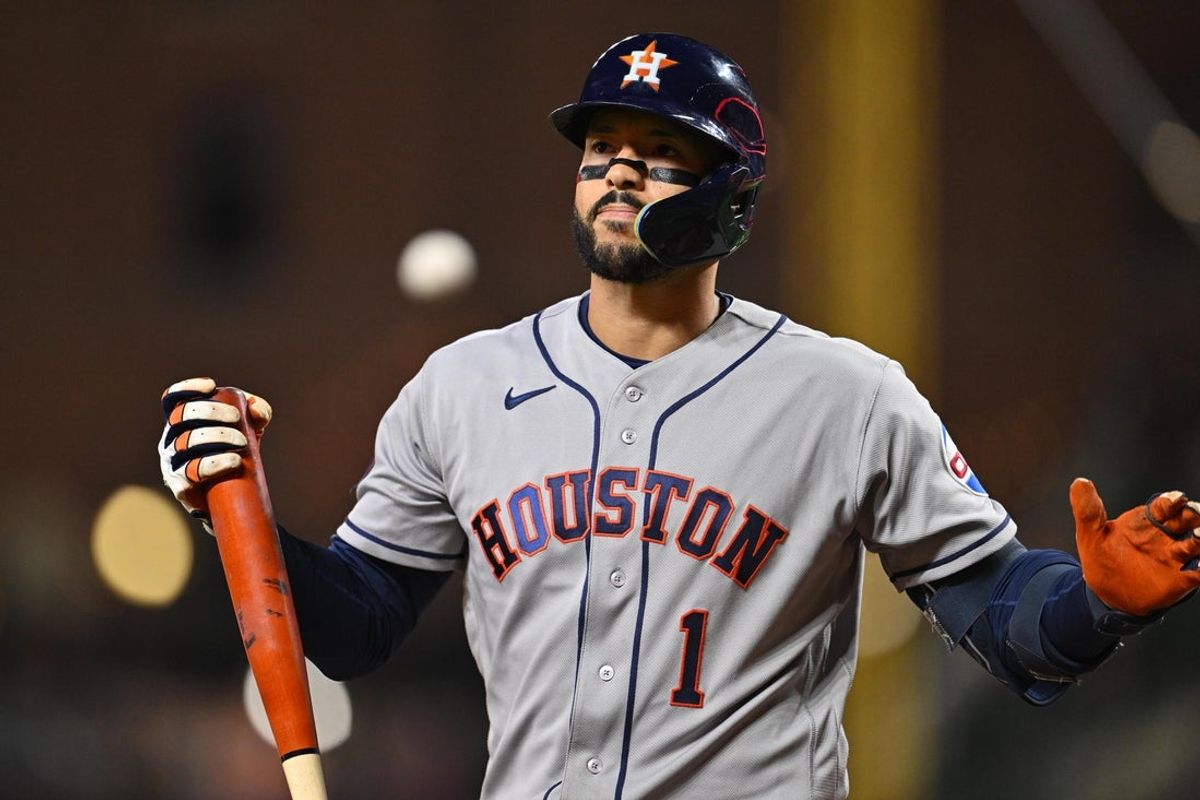 Apr 28, 2026; Baltimore, Maryland, USA;  Houston Astros infielder Carlos Correa (1) reacts after striking out in the seventh inning against the Baltimore Orioles at Oriole Park at Camden Yards. Mandatory Credit: Jamie Sabau-Imagn Images