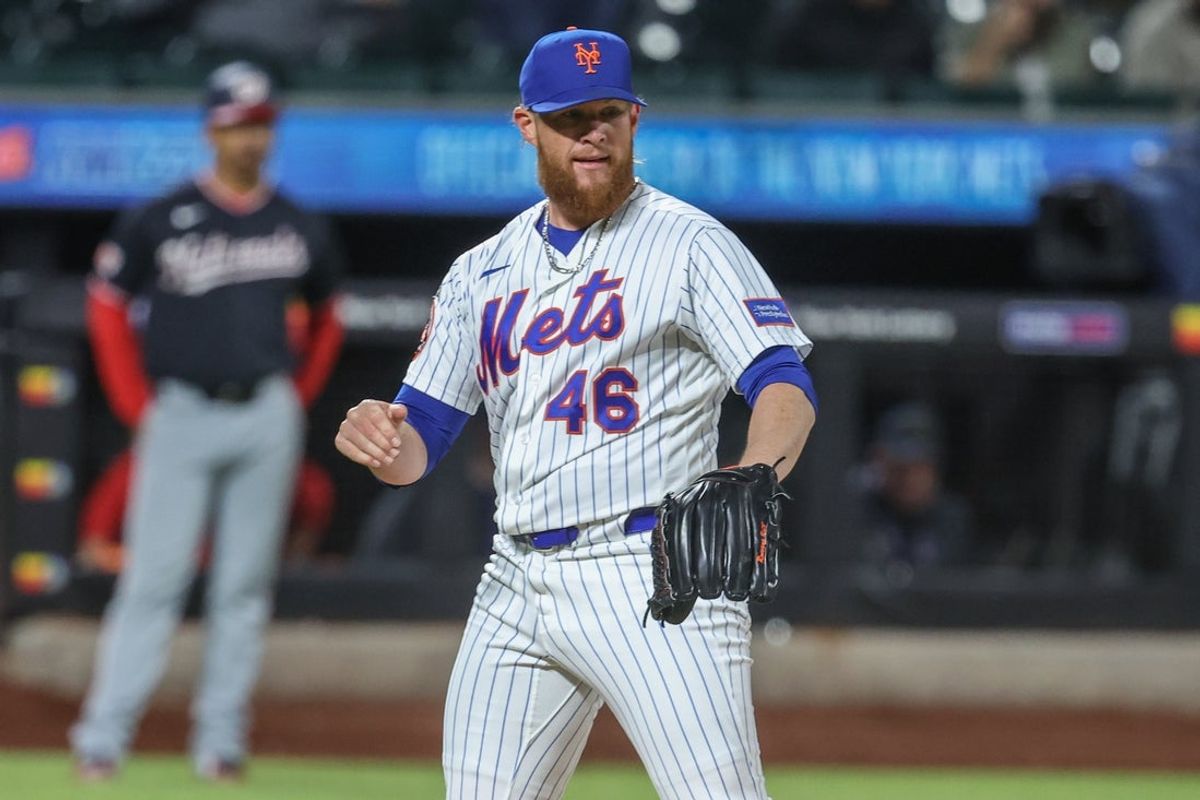 Apr 28, 2026; New York City, New York, USA;  New York Mets relief pitcher Craig Kimbrel (46) reacts after defeating the Washington Nationals 8-0 at Citi Field. Mandatory Credit: Wendell Cruz-Imagn Images