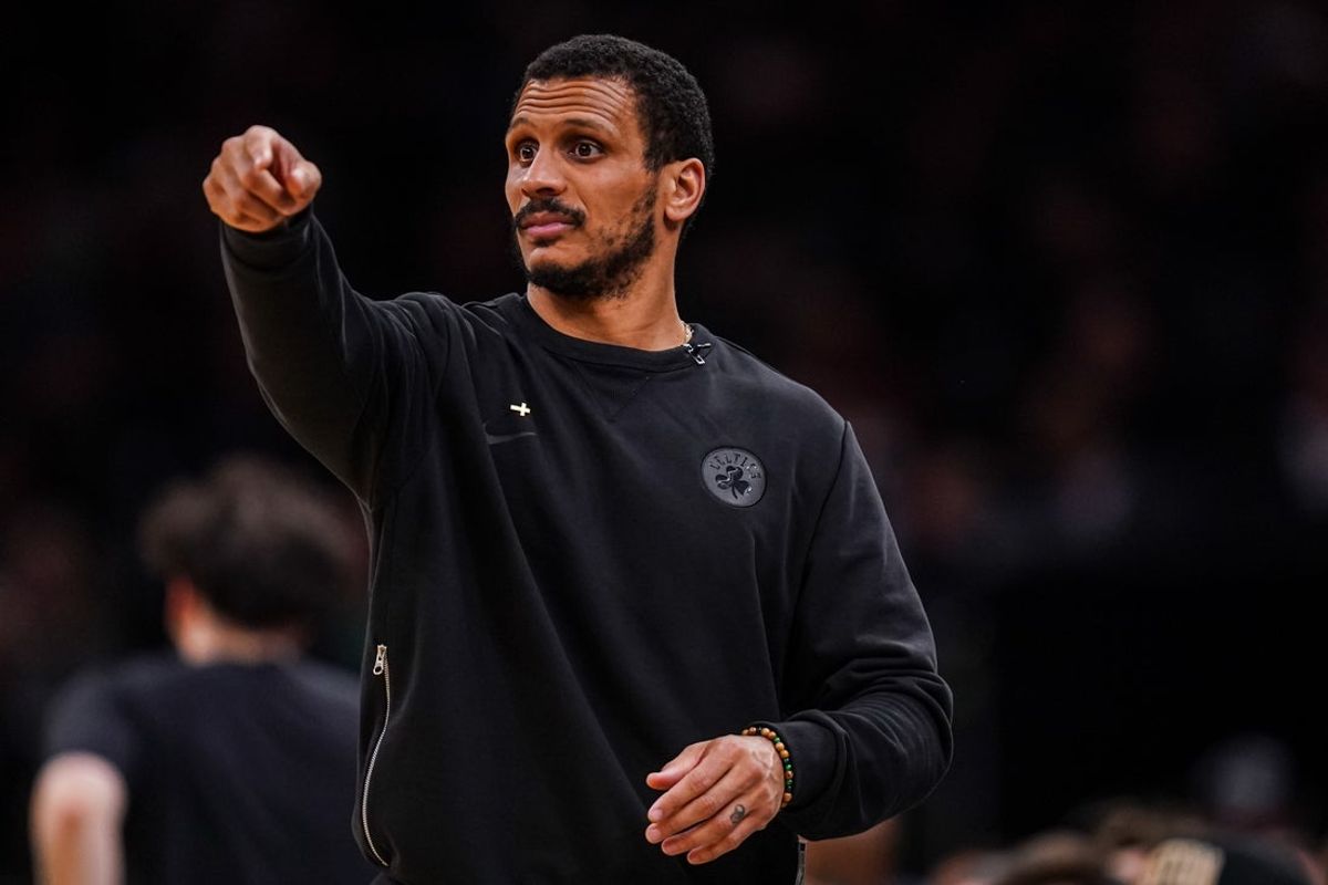 Apr 28, 2026; Boston, Massachusetts, USA; Boston Celtics head coach Joe Mazzulla watches from the sideline as they take on the Philadelphia 76ers during game five of the first round of the 2026 NBA Playoffs at TD Garden. Mandatory Credit: David Butler II-Imagn Images