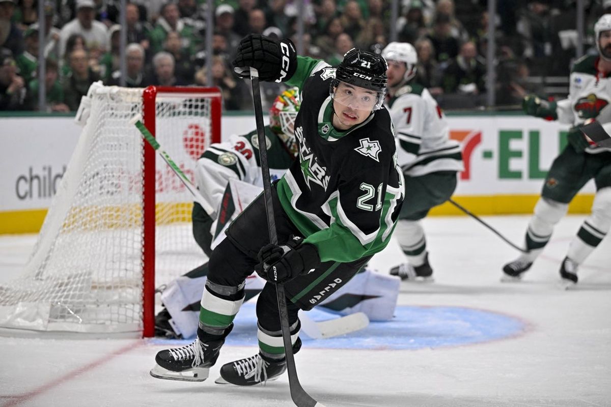 Apr 28, 2026; Dallas, Texas, USA; Dallas Stars left wing Jason Robertson (21) skates against the Minnesota Wild during the second period in game five of the first round of the 2026 Stanley Cup Playoffs at American Airlines Center. Mandatory Credit: Jerome Miron-Imagn Images