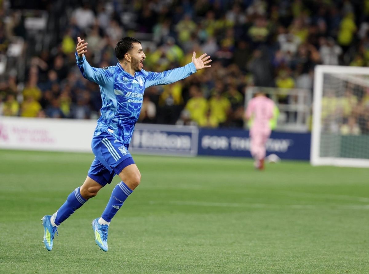 Apr 28, 2026; Nashville, TN, USA; Tigres UANL forward Angel Correa (7) celebrates after scoring during the first half of their Concacaf Champions Cup Semifinals game against Nashville SC at GEODIS Park. Mandatory Credit: Alan Poizner-Imagn Images