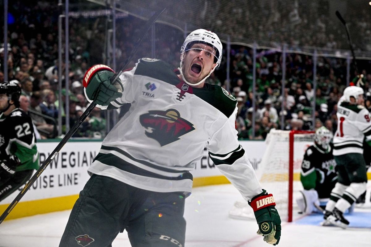 Apr 28, 2026; Dallas, Texas, USA; Minnesota Wild center Michael McCarron (47) celebrates after he scores a goal against the Dallas Stars during the third period in game five of the first round of the 2026 Stanley Cup Playoffs at American Airlines Center. Mandatory Credit: Jerome Miron-Imagn Images