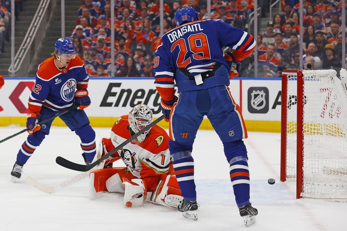 Apr 28, 2026; Edmonton, Alberta, CAN; Edmonton Oilers forward Leon Draisaitl (29) scores a goal during the first period against Anaheim Ducks goaltender Lucas Dostal (1) in game five of the first round of the 2026 Stanley Cup Playoffs at Rogers Place. Mandatory Credit: Perry Nelson-Imagn Images