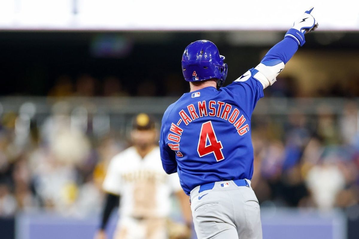 Apr 28, 2026; San Diego, California, USA; Chicago Cubs center fielder Pete Crow-Armstrong (4) celebrates after hitting a three-run home run during the seventh inning against the San Diego Padres at Petco Park. Mandatory Credit: David Frerker-Imagn Images