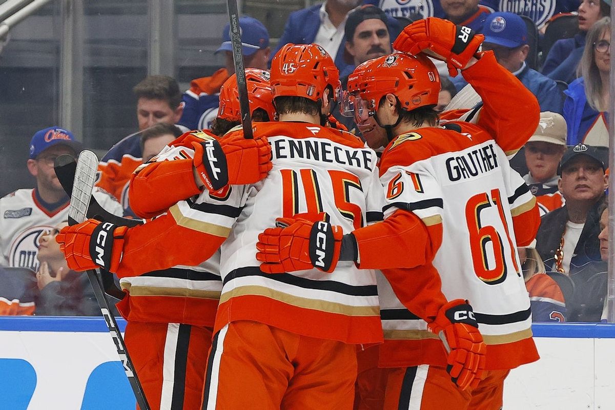 Apr 28, 2026; Edmonton, Alberta, CAN; The Anaheim Ducks celebrate after a goal scored by forward Alex Killorn (17) during the second period against the Edmonton Oilers in game five of the first round of the 2026 Stanley Cup Playoffs at Rogers Place. Mandatory Credit: Perry Nelson-Imagn Images
