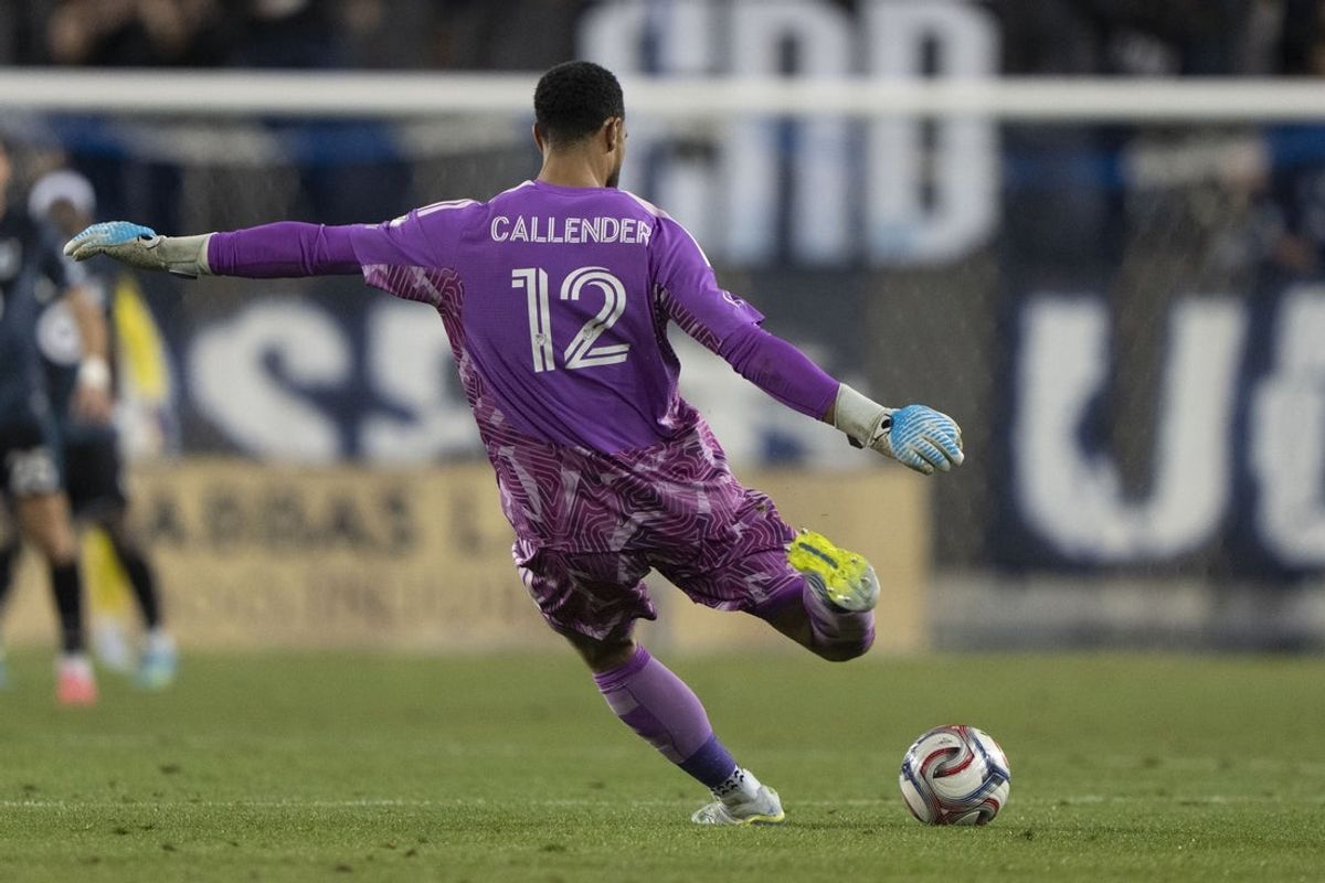 Apr 28, 2026; San Jose, CA, USA;  Minnesota United FC goalkeeper Drake Callender (12) kicks the ball back into play during the second half against the San Jose Earthquakes at PayPal Park. Mandatory Credit: Stan Szeto-Imagn Images