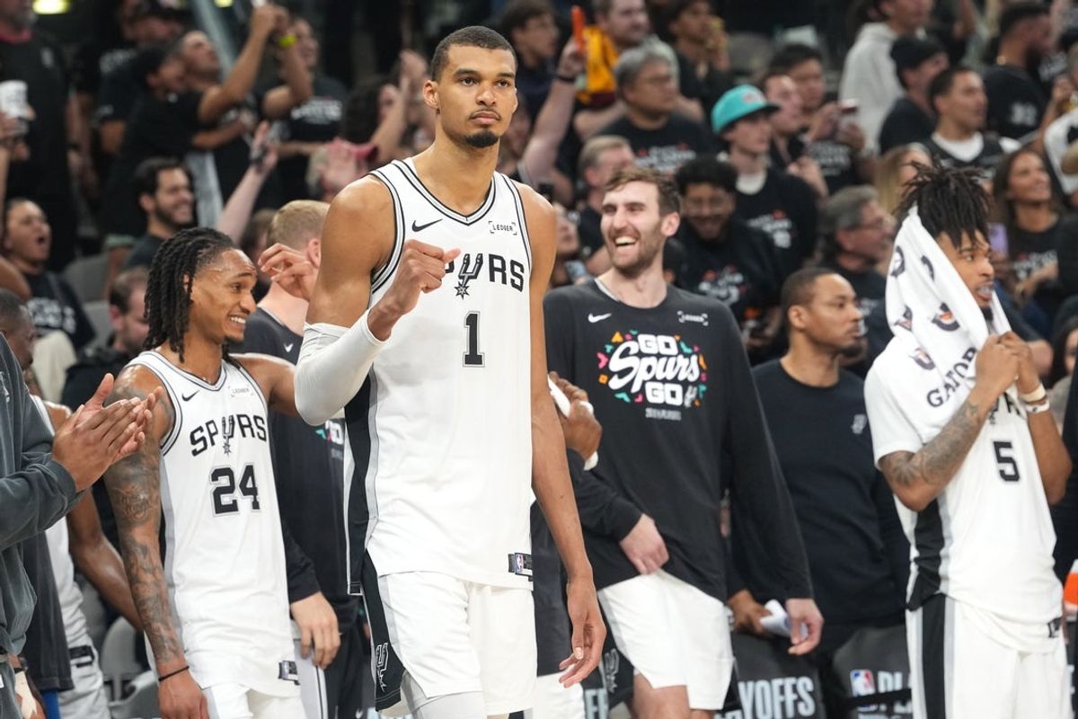 Apr 28, 2026; San Antonio, Texas, USA; San Antonio Spurs forward Victor Wembanyama (1) pumps his fist after a victory over the Portland Trail Blazers in game five of the first round of the 2026 NBA Playoffs at Frost Bank Center. Mandatory Credit: Scott Wachter-Imagn Images