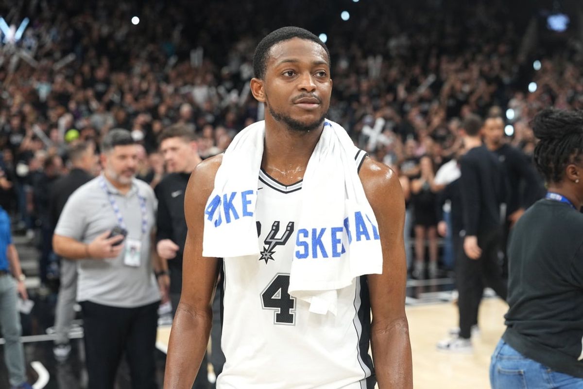 Apr 28, 2026; San Antonio, Texas, USA; San Antonio Spurs guard De’Aaron Fox (4) after a victory over the Portland Trail Blazers in game five of the first round of the 2026 NBA Playoffs at Frost Bank Center. Mandatory Credit: Scott Wachter-Imagn Images