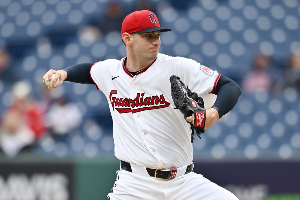 Apr 29, 2026; Cleveland, Ohio, USA; Cleveland Guardians starting pitcher Gavin Williams (32) throws a pitch against the Tampa Bay Rays during the first inning at Progressive Field. Mandatory Credit: Ken Blaze-Imagn Images
