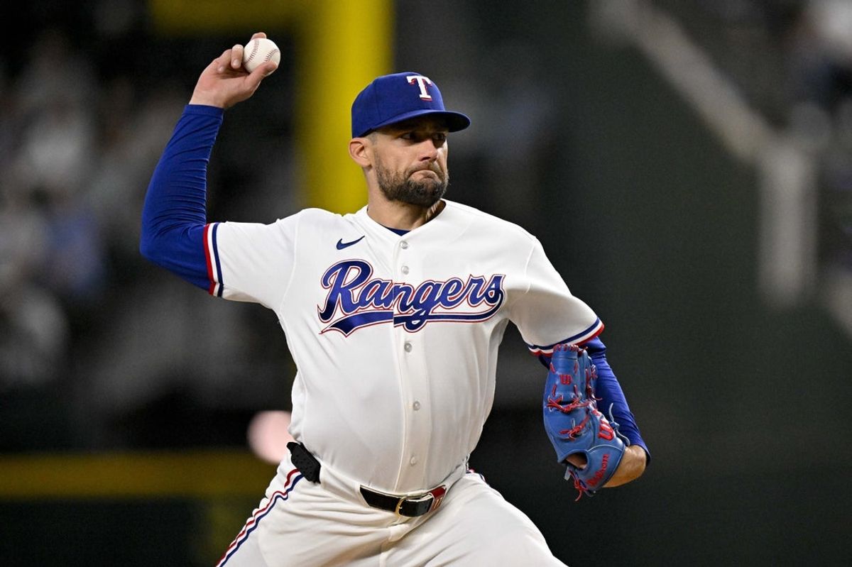 Apr 29, 2026; Arlington, Texas, USA; Texas Rangers pitcher Nathan Eovaldi (17) pitches against the New York Yankees during the first inning at Globe Life Field. Mandatory Credit: Jerome Miron-Imagn Images
