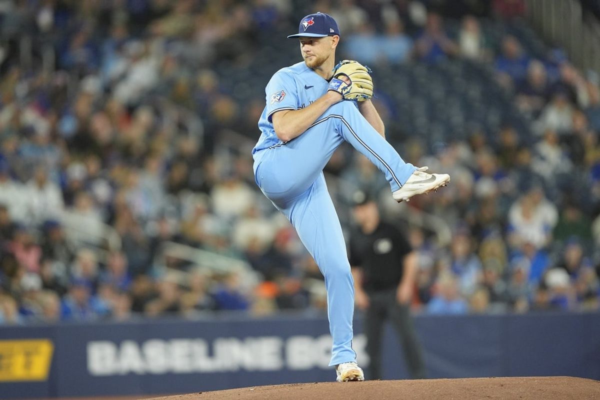 Apr 29, 2026; Toronto, Ontario, CAN; Toronto Blue Jays starting pitcher Eric Lauer (56) pitches to the Boston Red Sox during the first inning at Rogers Centre. Mandatory Credit: John E. Sokolowski-Imagn Images