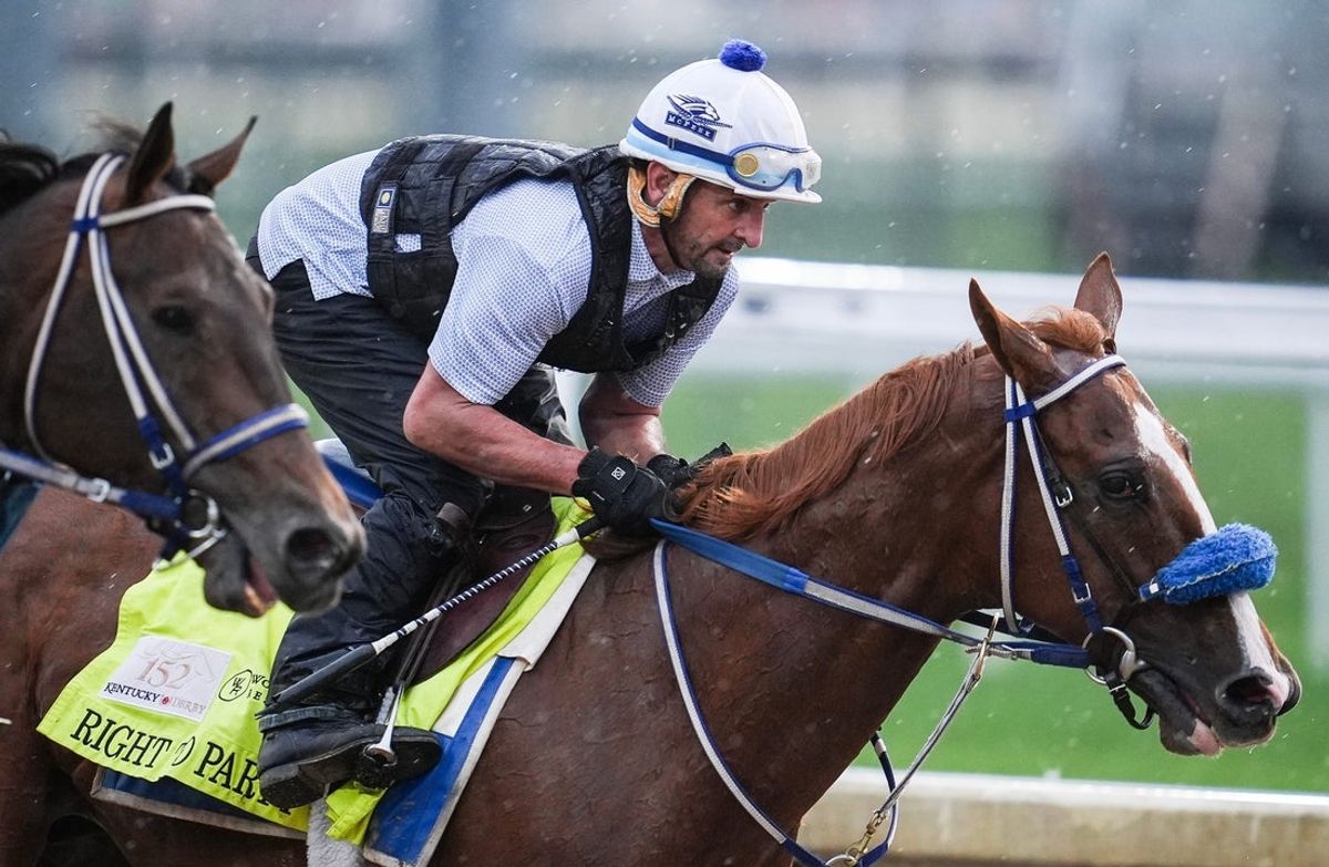 2026 Kentucky Derby contender Right To Party works during a morning training session during Kentucky Derby week. The horse is trained by Kenny McPeek. April 29, 2026