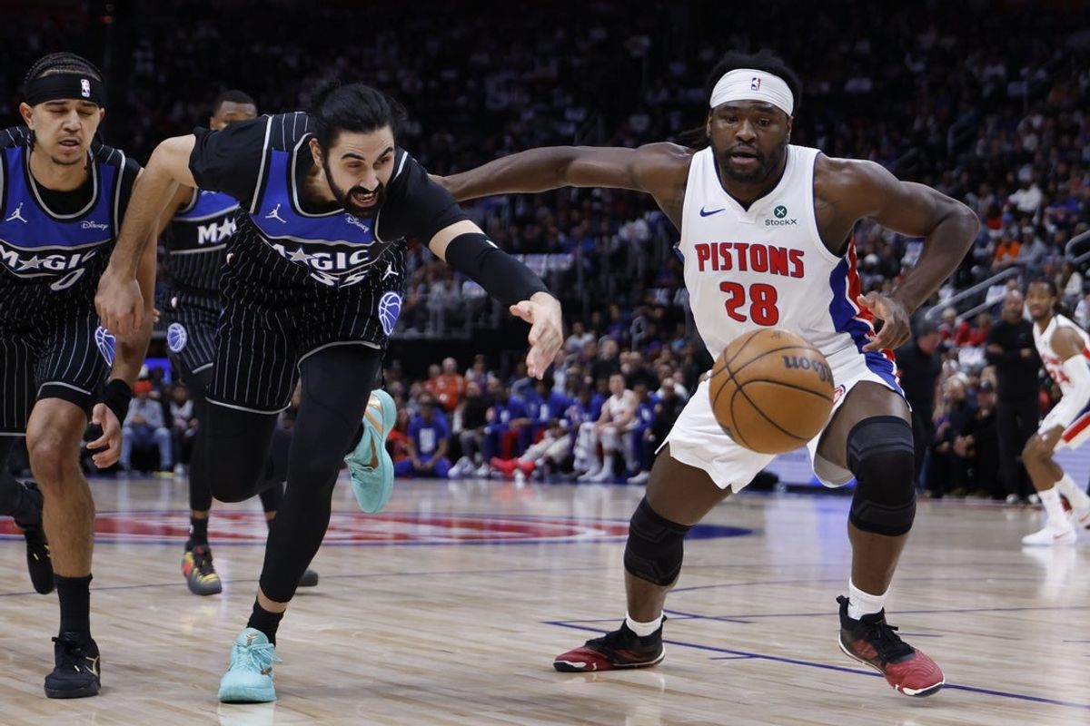 Apr 29, 2026; Detroit, Michigan, USA; Orlando Magic center Goga Bitadze (35) and Detroit Pistons forward Isaiah Stewart (28) go after the ball in the first half during game five of the first round of the 2026 NBA Playoffs at Little Caesars Arena. Mandatory Credit: Rick Osentoski-Imagn Images