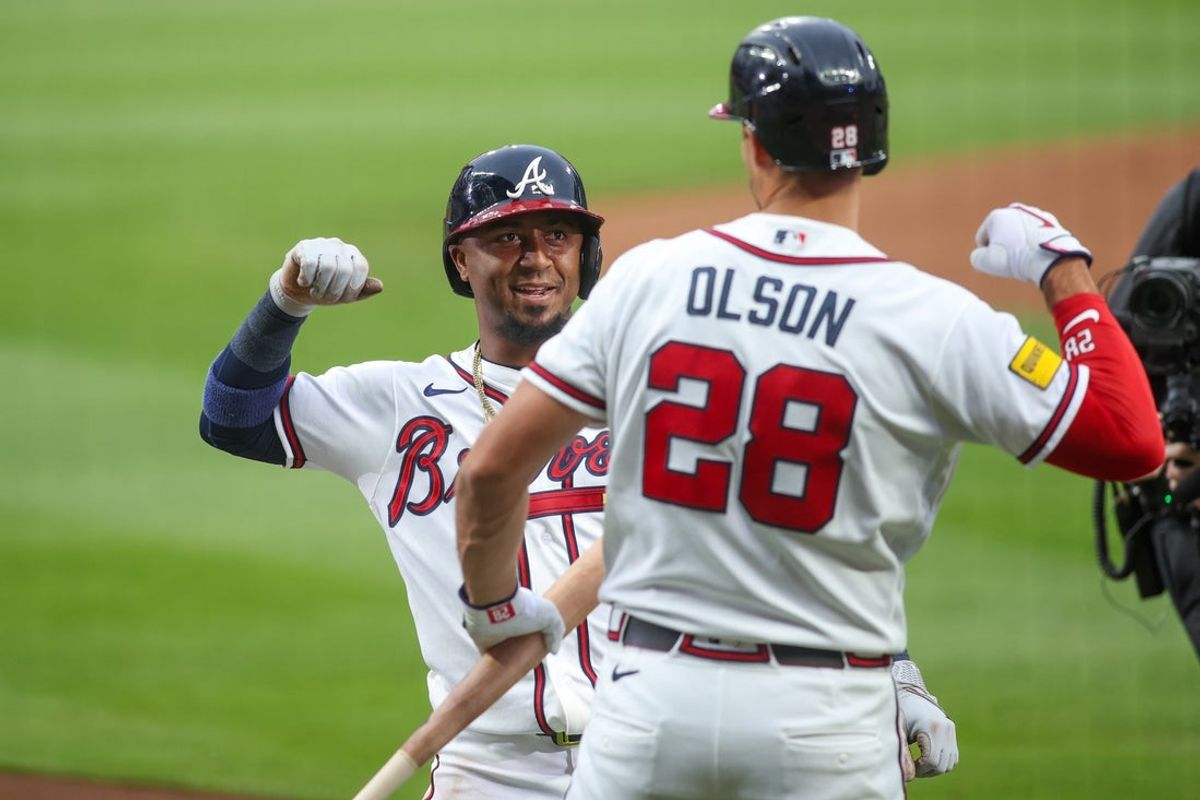 Apr 29, 2026; Atlanta, Georgia, USA; Atlanta Braves second baseman Ozzie Albies (1) celebrates with first baseman Matt Olson (28) after a two-run home run against the Detroit Tigers in the first inning at Truist Park. Mandatory Credit: Brett Davis-Imagn Images