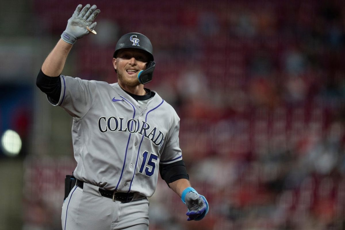Colorado Rockies designated hitter Hunter Goodman (15) gestures after hitting a 2-run home run in the seventh inning of the MLB baseball game between the Cincinnati Reds and the Colorado Rockies at Great American Ball Park in Cincinnati on Wednesday, April 29, 2026.