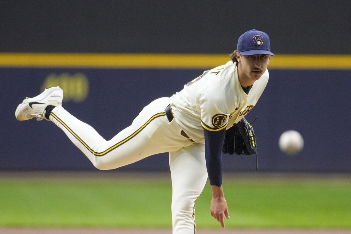 Apr 29, 2026; Milwaukee, Wisconsin, USA; Milwaukee Brewers pitcher Brandon Sproat (23) delivers a pitch against the Arizona Diamondbacks in the first inning at American Family Field. Mandatory Credit: Michael McLoone-Imagn Images