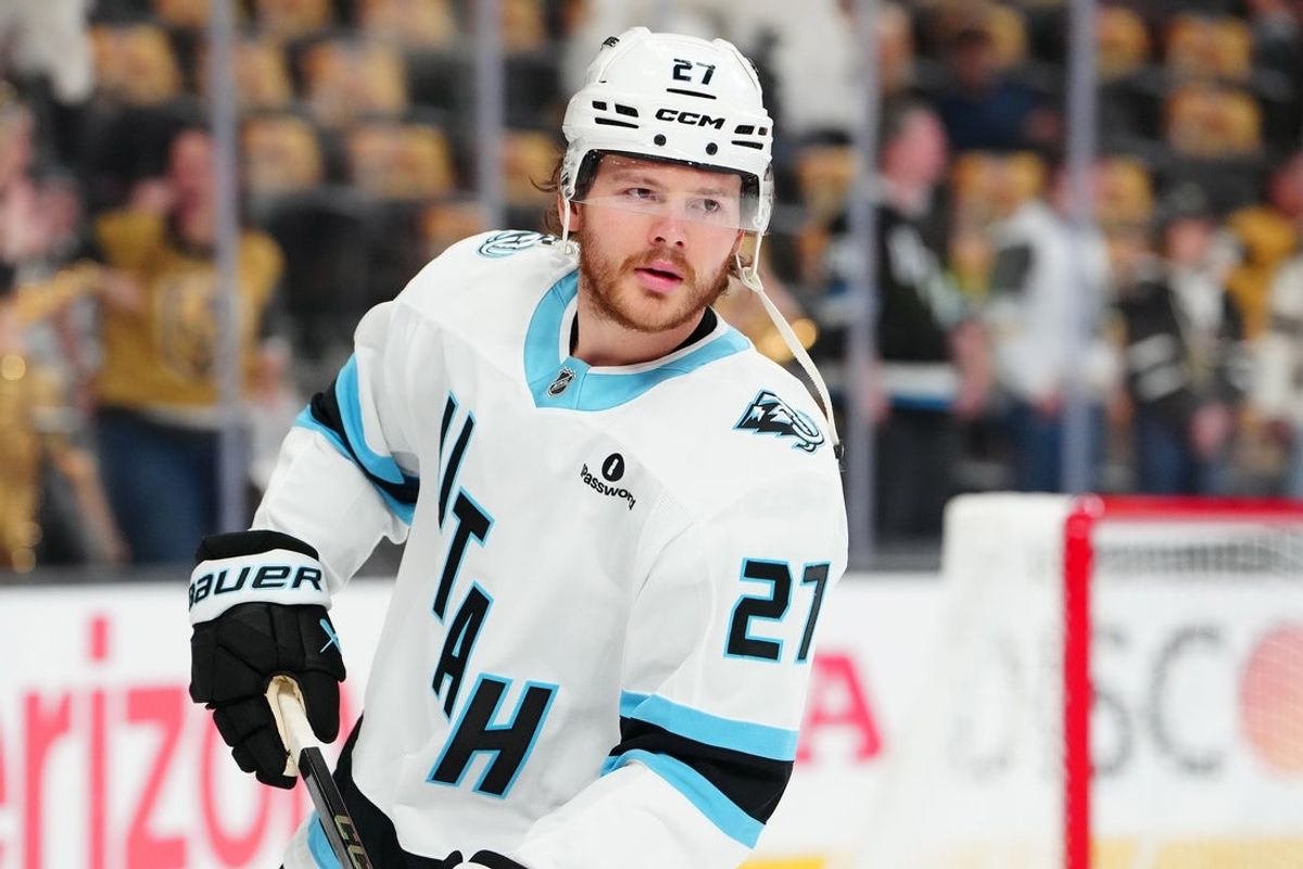 Apr 29, 2026; Las Vegas, Nevada, USA; Utah Mammoth center Barrett Hayton (27) warms up before the start of game five of the first round of the 2026 Stanley Cup Playoffs against the Vegas Golden Knights at T-Mobile Arena. Mandatory Credit: Stephen R. Sylvanie-Imagn Images