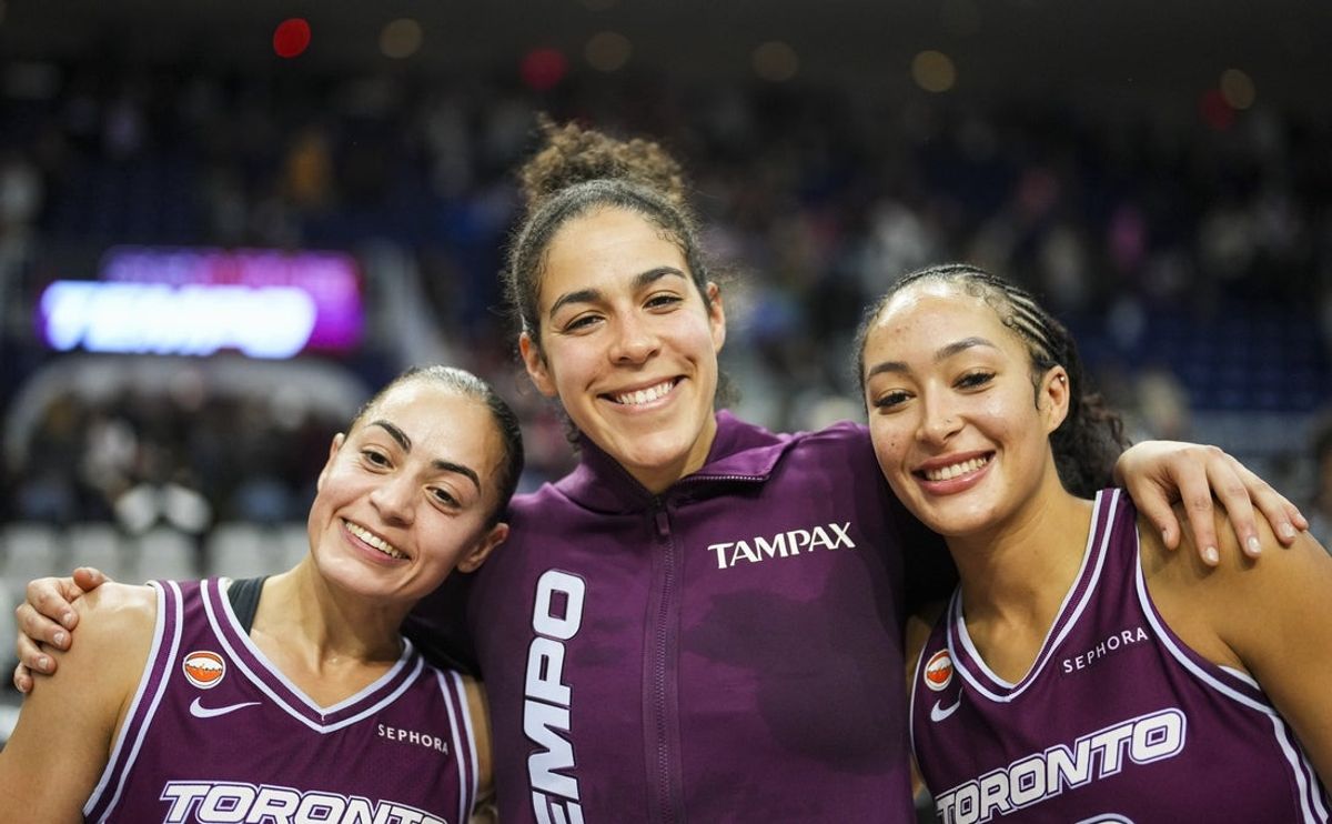 Apr 29, 2026; Toronto, ON, Canada;  Toronto Tempo guard Kia Nurse (11) poses for a photo after the game with teammates after being defeated by the Connecticut Sun at Coca-Cola Coliseum. Mandatory Credit: Kevin Sousa-Imagn Images