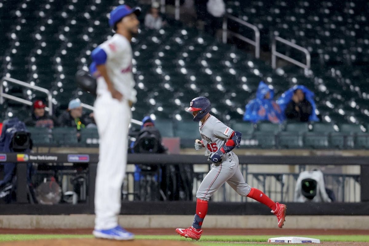 Apr 29, 2026; New York City, New York, USA; Washington Nationals first baseman Curtis Mead (45) rounds the bases after hitting a solo home run against New York Mets pitcher Carl Edwards Jr. (52) during the ninth inning at Citi Field. Mandatory Credit: Brad Penner-Imagn Images