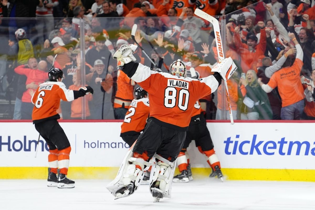 Apr 29, 2026; Philadelphia, Pennsylvania, USA; Philadelphia Flyers goalie Dan Vladar (80) reacts with teammates against the Pittsburgh Penguins after game six of the first round of the 2026 Stanley Cup Playoffs at Xfinity Mobile Arena. Mandatory Credit: Kyle Ross-Imagn Images