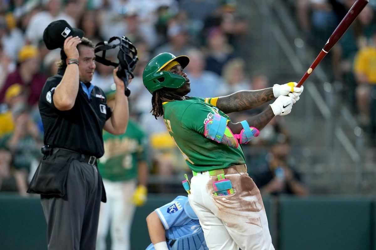 Apr 29, 2026; West Sacramento, California, USA; Athletics outfielder Lawrence Butler (4) reacts after hitting a three-run home run against the Kansas City Royals in the fourth inning at Sutter Health Park. Mandatory Credit: Cary Edmondson-Imagn Images