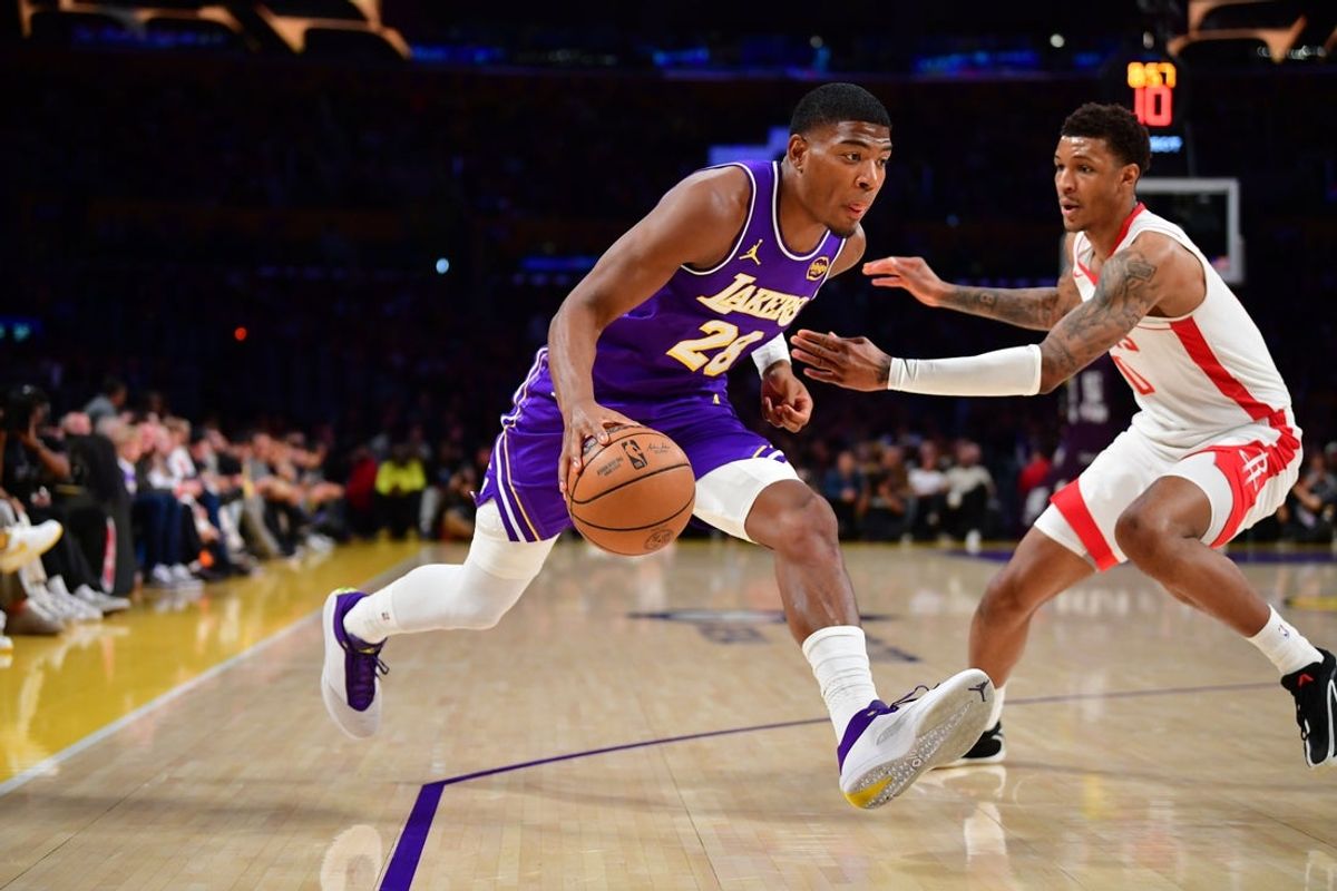 Apr 29, 2026; Los Angeles, California, USA; Los Angeles Lakers forward Rui Hachimura (28) moves to the basket against Houston Rockets forward Jabari Smith Jr. (10) during the first half in game five of the first round of the 2026 NBA Playoffs at Crypto.com Arena. Mandatory Credit: Gary A. Vasquez-Imagn Images