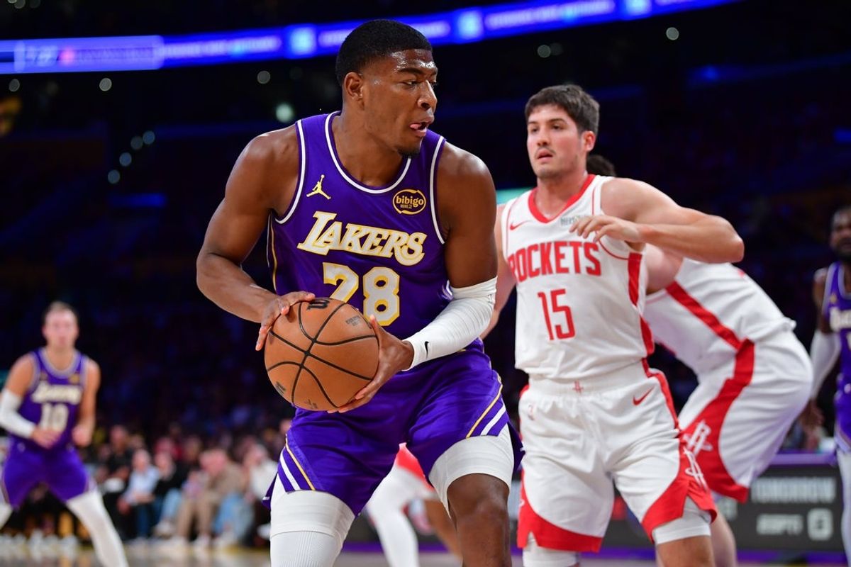 Apr 29, 2026; Los Angeles, California, USA; Los Angeles Lakers forward Rui Hachimura (28) controls the ball against the Houston Rockets during the first half in game five of the first round of the 2026 NBA Playoffs at Crypto.com Arena. Mandatory Credit: Gary A. Vasquez-Imagn Images