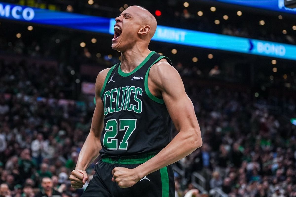 Apr 28, 2026; Boston, Massachusetts, USA; Boston Celtics forward Jordan Walsh (27) reacts after his basket against the Philadelphia 76ers in the second half during game five of the first round of the 2026 NBA Playoffs at TD Garden. Mandatory Credit: David Butler II-Imagn Images