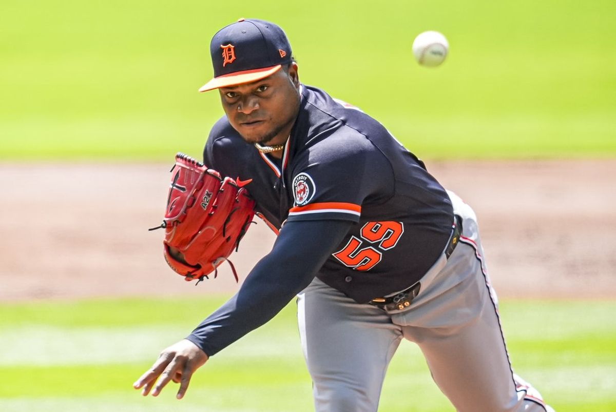 Apr 30, 2026; Cumberland, Georgia, USA; Detroit Tigers pitcher Framber Valdez (59) pitches against the Atlanta Braves during the first inning at Truist Park. Mandatory Credit: Dale Zanine-Imagn Images