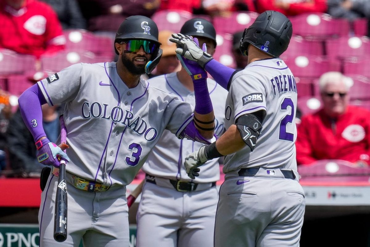 Colorado Rockies designated hitter Tyler Freeman (2) celebrates a home run in the first inning of the MLB National League game between the Cincinnati Reds and the Colorado Rockies at Great American Ball Park in downtown Cincinnati on Thursday, April 30, 2026.