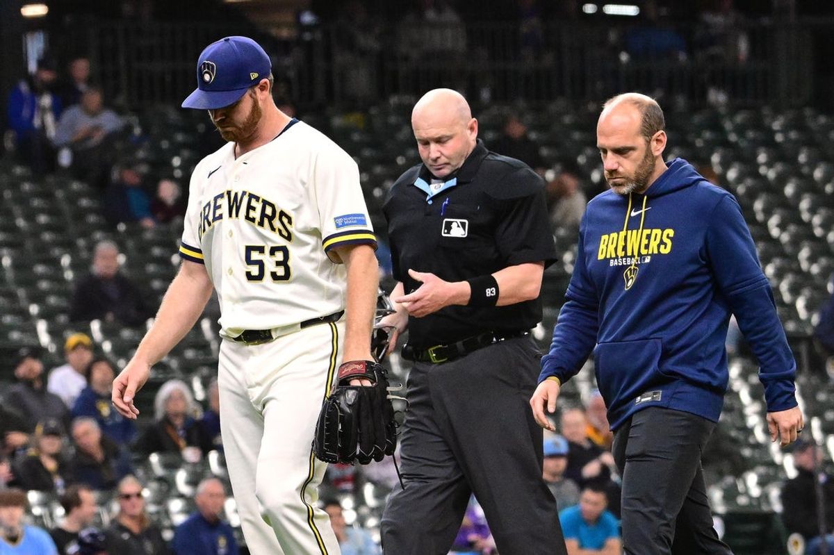 Apr 30, 2026; Milwaukee, Wisconsin, USA;  Milwaukee Brewers starting pitcher Brandon Woodruff (53) walks off the mound with an injury in the second inning against the Arizona Diamondbacks at American Family Field. Mandatory Credit: Benny Sieu-Imagn Images