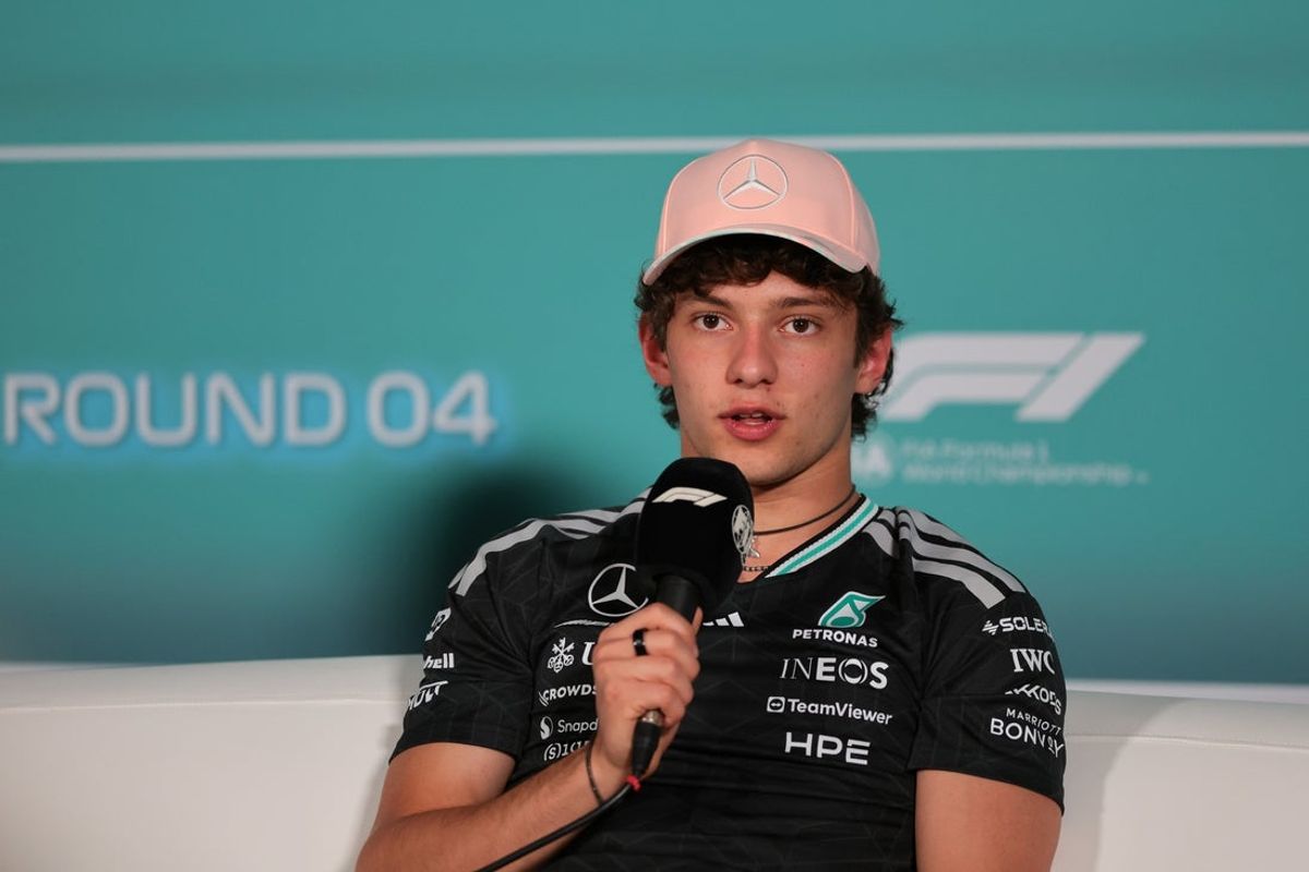 Apr 30, 2026; Miami Gardens, FL, USA; Mercedes driver Andrea Kimi Antonelli (12) speaks to reporters during a press conference at Miami International Autodrome. Mandatory Credit: Sam Navarro-Imagn Images