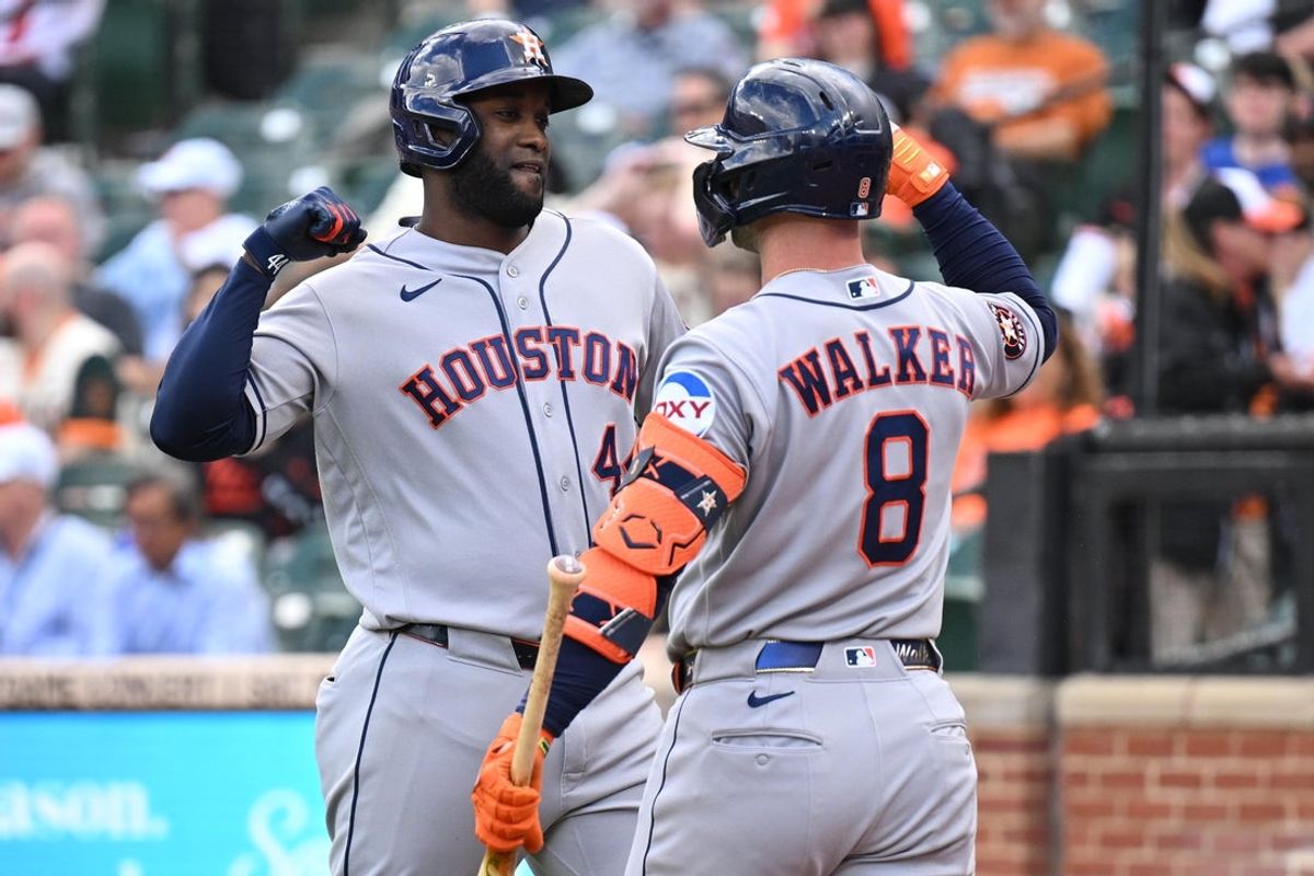 Apr 30, 2026; Baltimore, MD, USA; Houston Astros outfield Yordan Alvarez (44) celebrates his home run in the second inning against the Baltimore Orioles with infielder Christian Walker (8) at Oriole Park at Camden Yards. Mandatory Credit: Jamie Sabau-Imagn Images