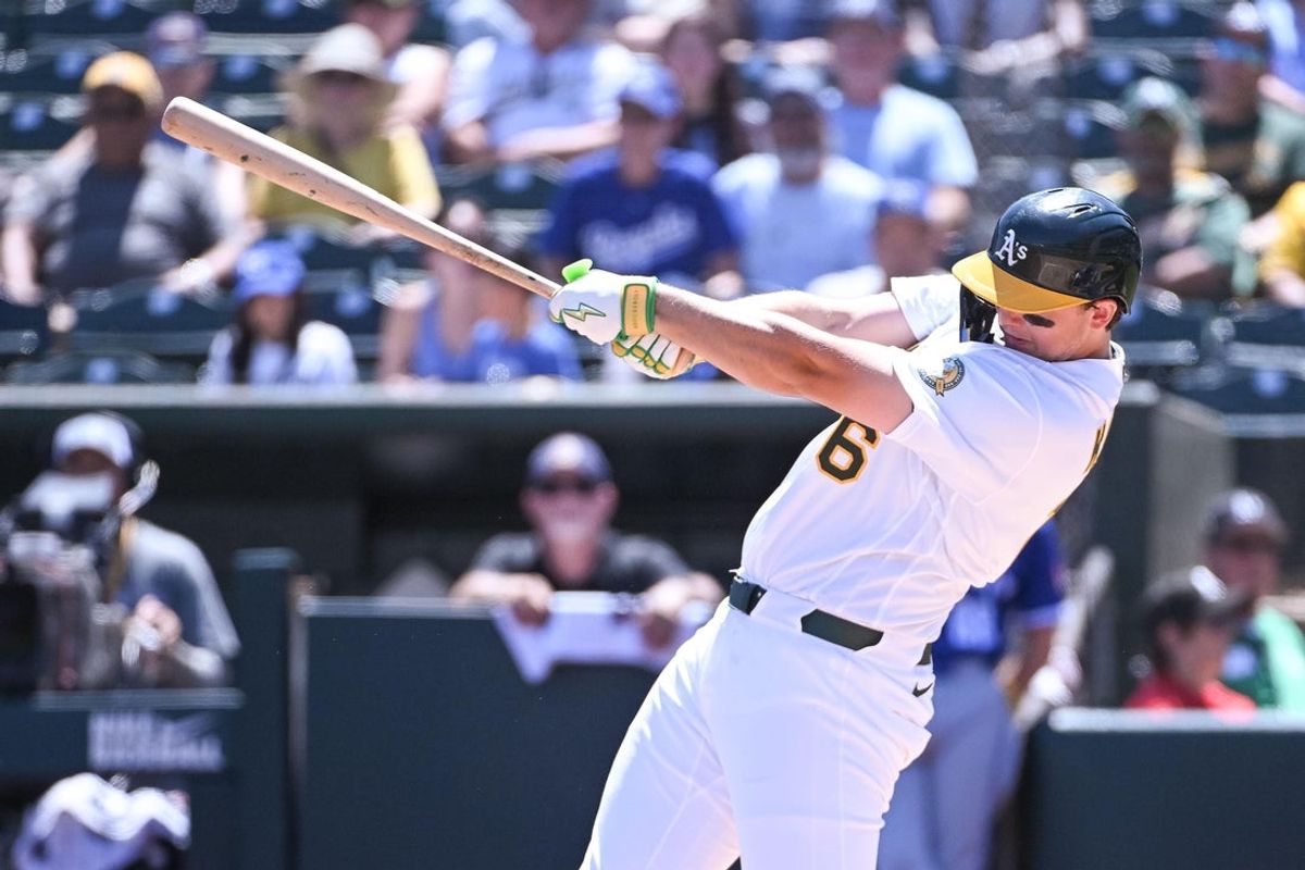 Apr 30, 2026; West Sacramento, California, USA; Athletics first baseman Nick Kurtz (16) hits an RBI double against the Kansas City Royals during the second inning at Sutter Health Park. Mandatory Credit: Ed Szczepanski-Imagn Images